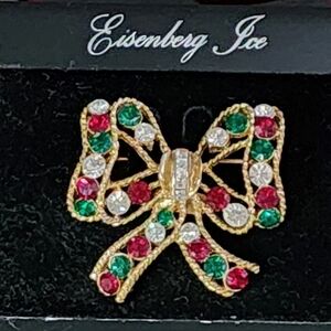 ***NWT*** Eisenberg Ice 1960s Christmas Ribbon Bow Brooch with Green Red Stones